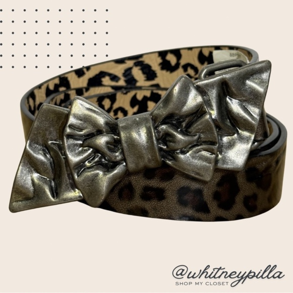 Betsey Johnson Leopard Print Statement Belt with Silver Bow Buckle Size Medium
